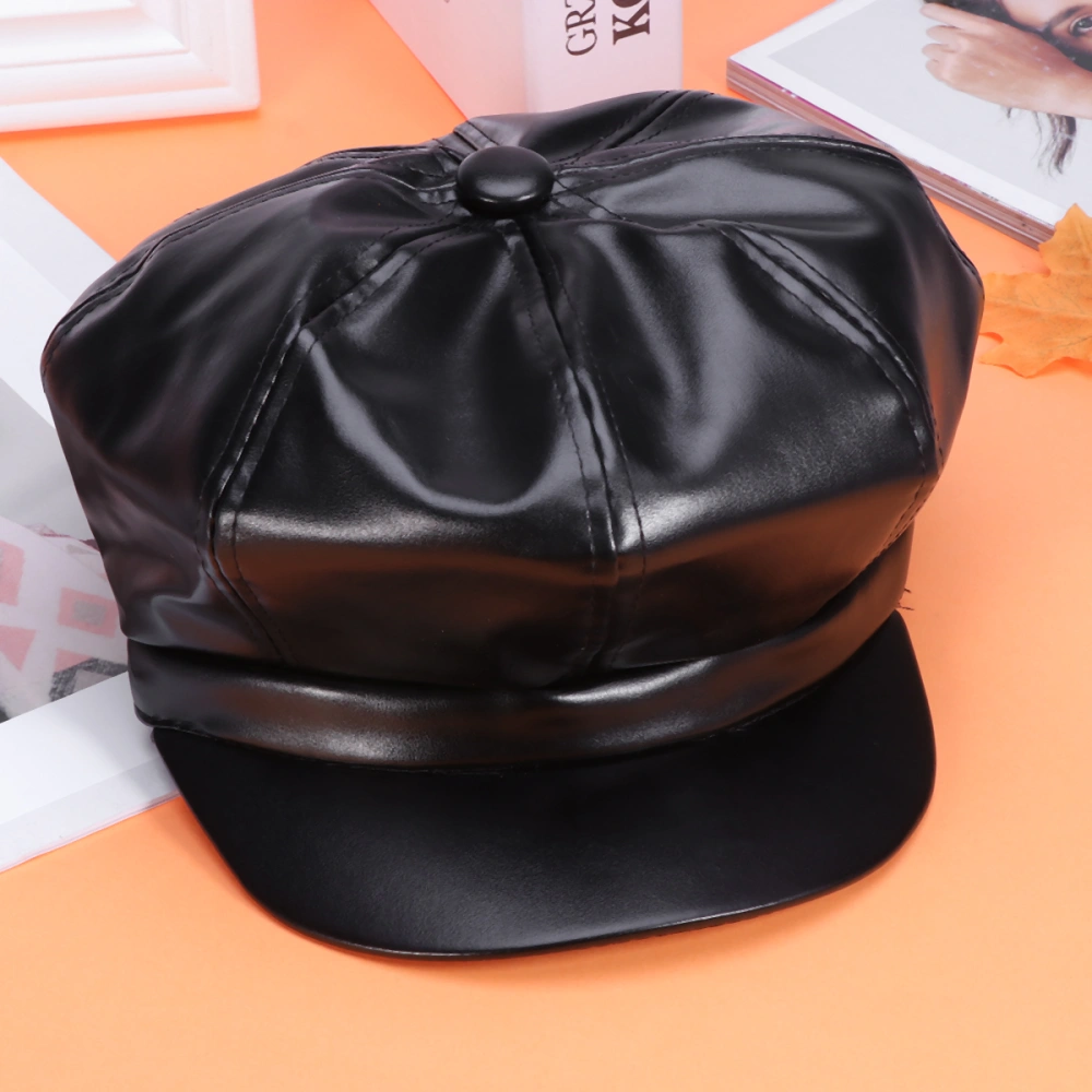 Fashion Winter Ladies PU Artifical Leather Retro Beret Octagonal Artists Painters Peaked Cabbie Unisex (Black)