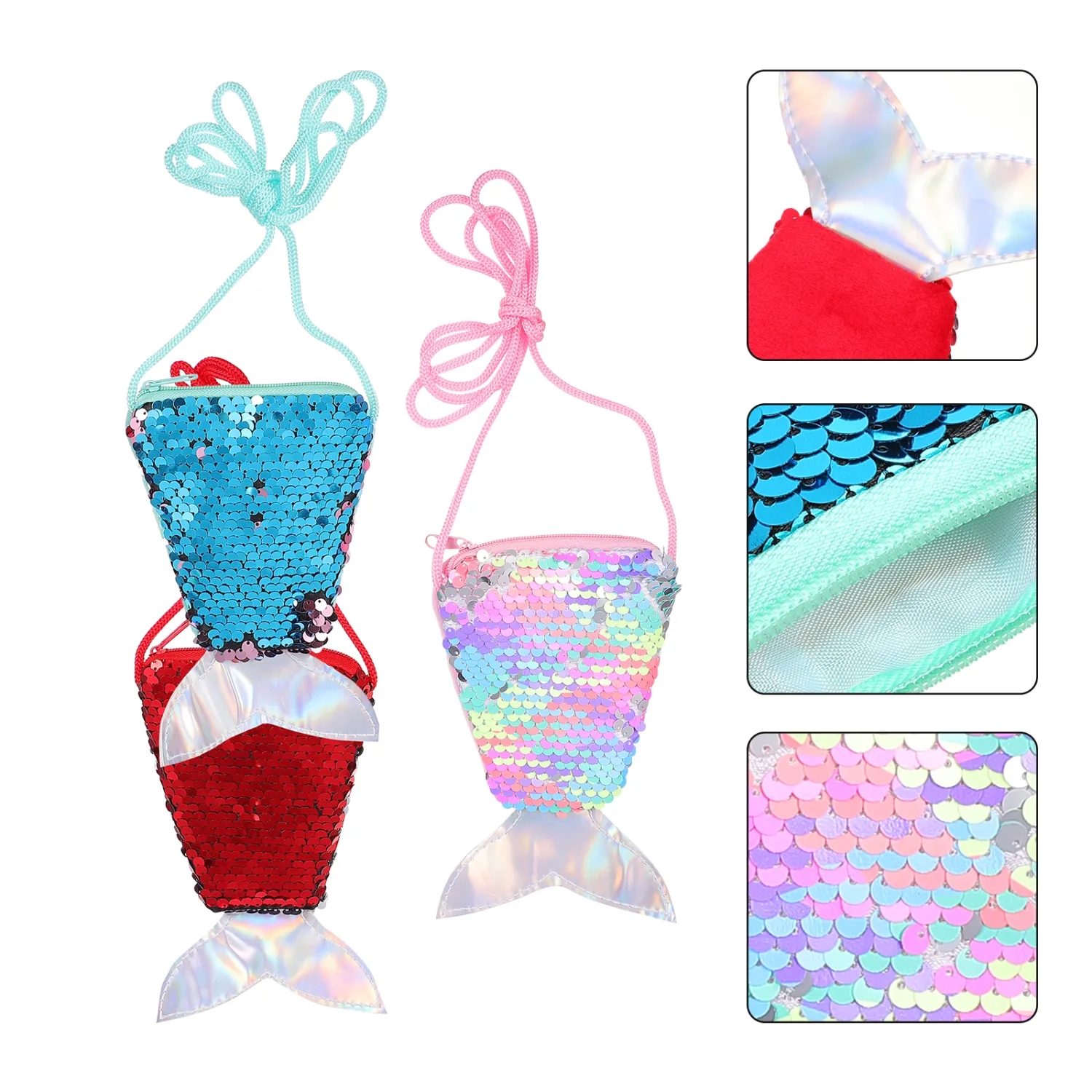 3Pcs Sequin Wallets Chic Mermaid Tail Purses Practical Coin Purses with Lanyard