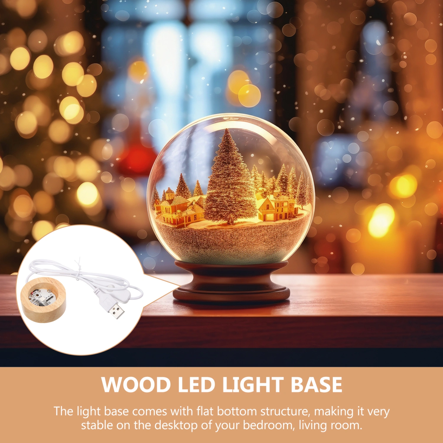 Wood LED Light Base Table Crystal Ball Lamp Base USB Charging Light Base for Crystal Ball