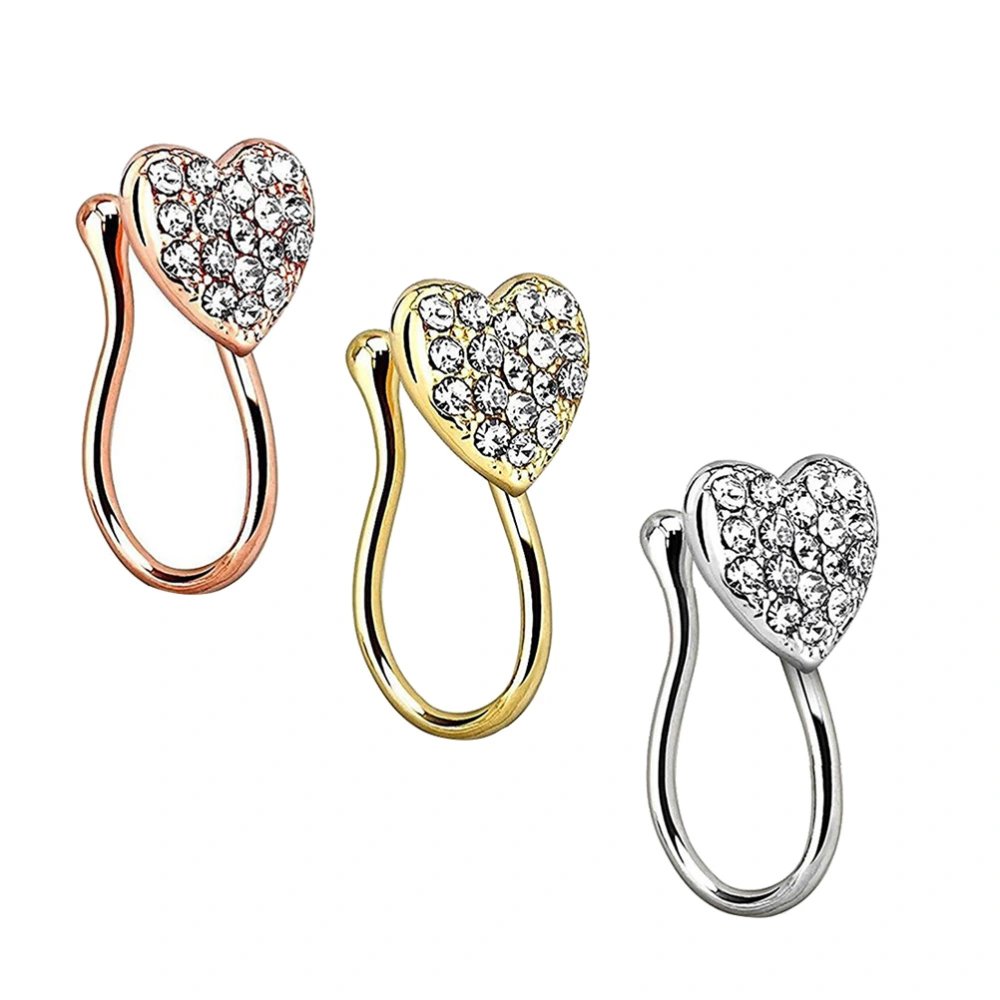 3pcs Stainless Steel Anti Allergy Diamante Heart-shaped Nose Nails Fixing Ring Women Body Piercing Jewlery(Rose Gold Love,Golden Love,Silver Love)