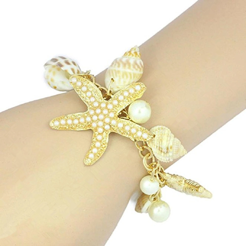 Women's Ocean Sea Star Conch Shell Pearl Chain Beach Bracelet