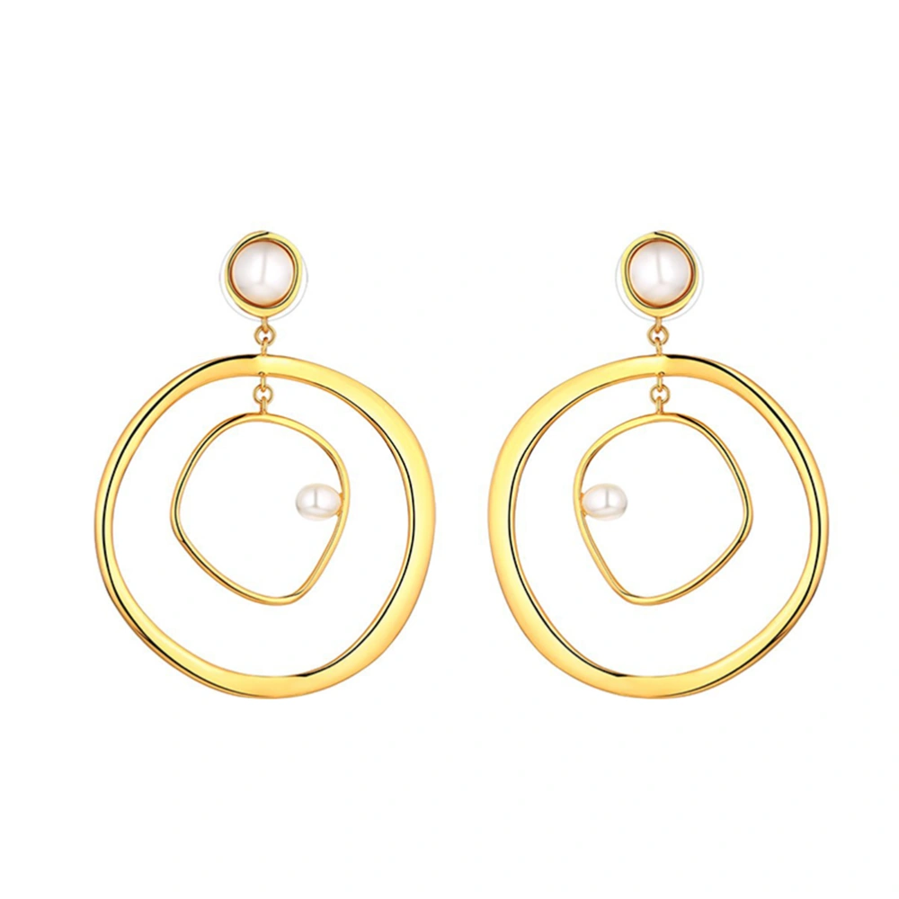 Women Fashion Pearl Earrings Gold Plated Double Circles Earrings Jewelry Decor for Girl Lady (Gold)