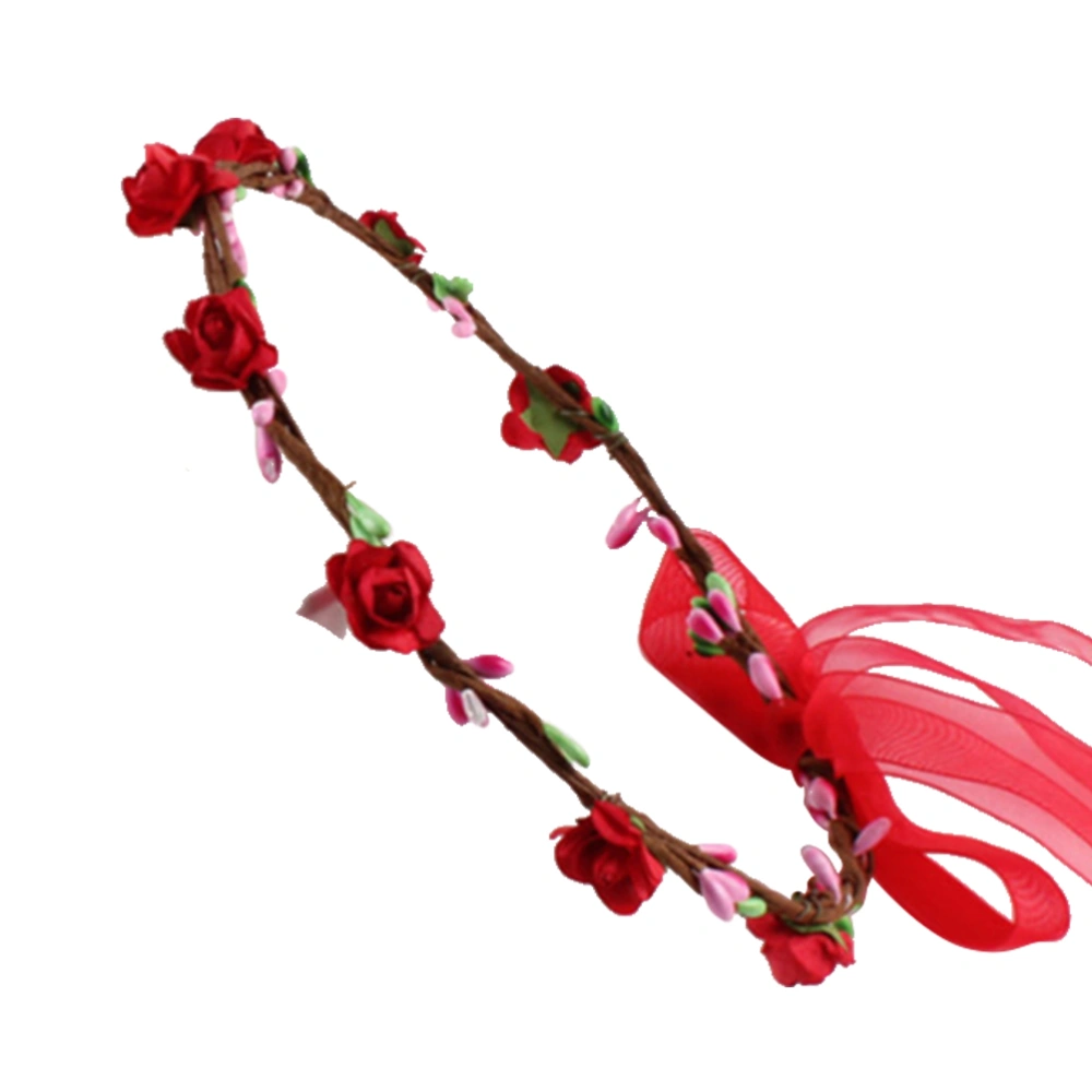 Child Rose Decor Headband Wreath Floral Headband for Girl Kid Child (Red)