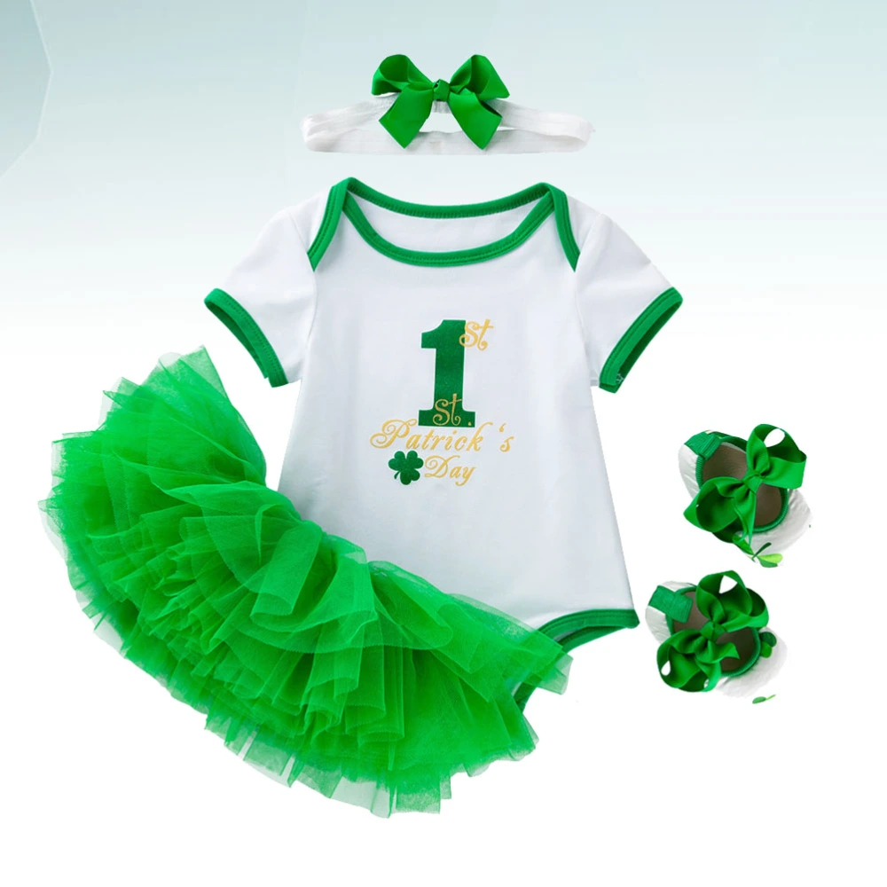 1 Set of Saint Patrick Day Baby Costume Set Clover Baby Dress Spring Summer Clothes for 3-6 Months (Short Sleeves + Skirt + Headband + Shoes, M)