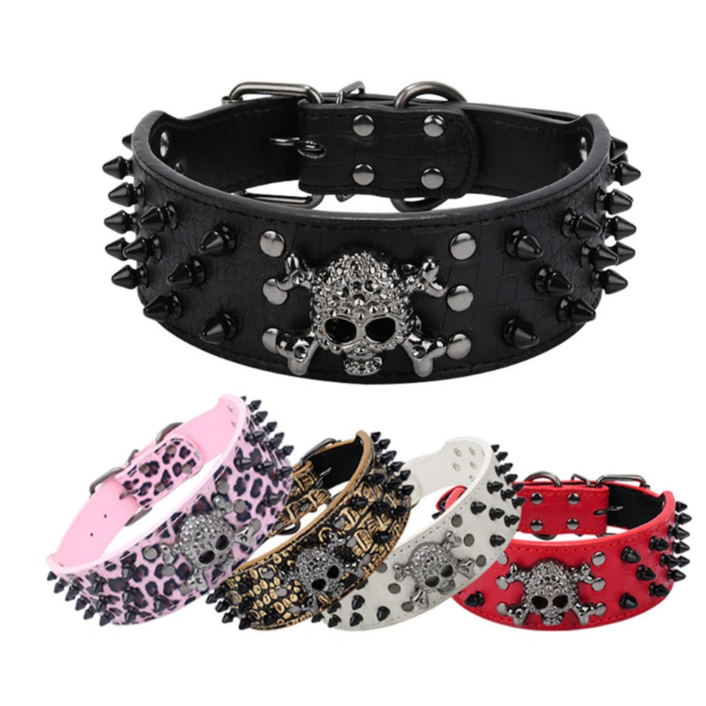 Skull Style Spike Studded PU Adjustable Pet Dog Puppy Safety Collar - Size L (Black)