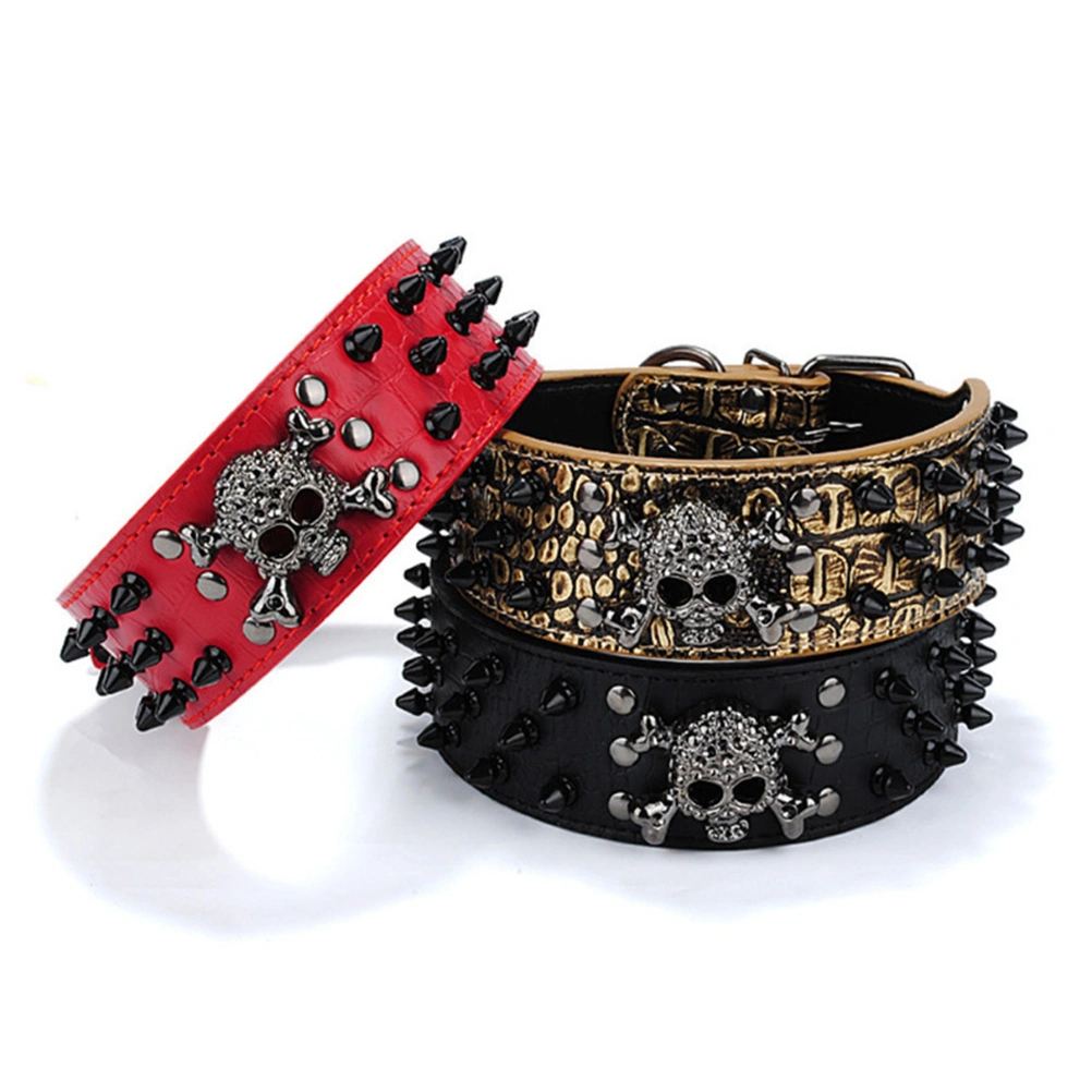Skull Style Spike Studded PU Adjustable Pet Dog Puppy Safety Collar - Size L (Black)