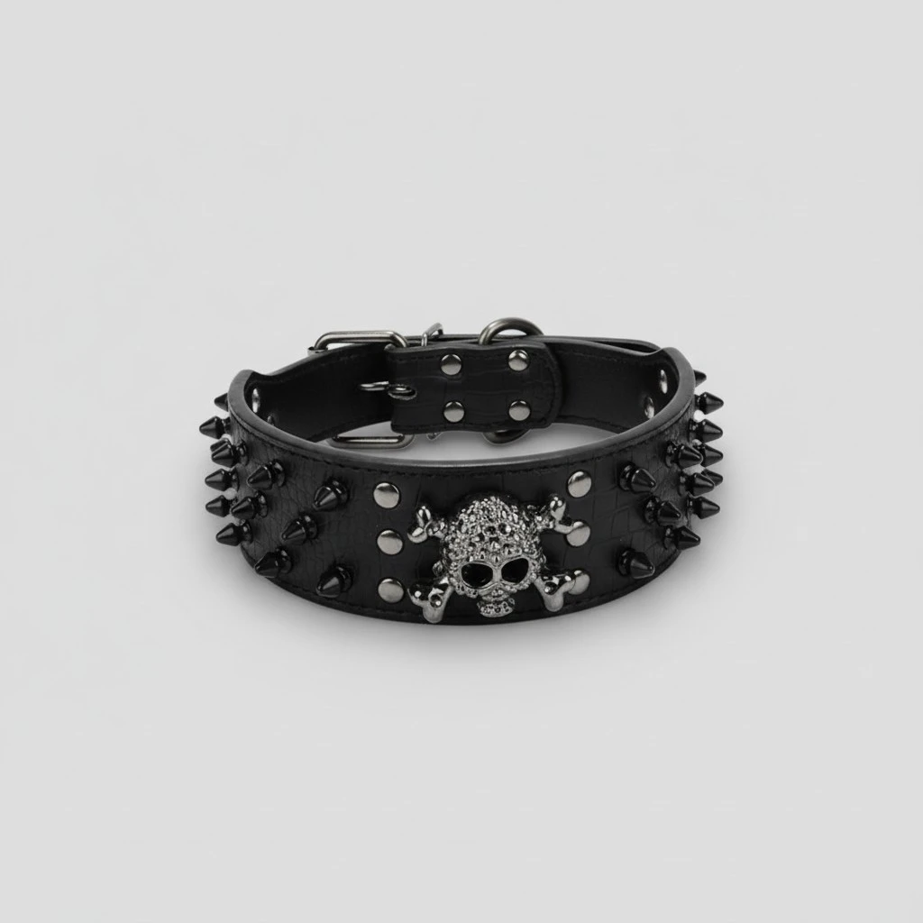 Skull Style Spike Studded PU Adjustable Pet Dog Puppy Safety Collar - Size L (Black)