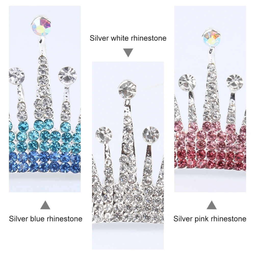 3PCS Little Girl Crown-shaped Hair Combs Colorful Rhinestone Inlaid Headdress Birthday Hair Clips Delicate Children Hair Accessories for Girl (Silver White, Silver Pink, Silver Blue)