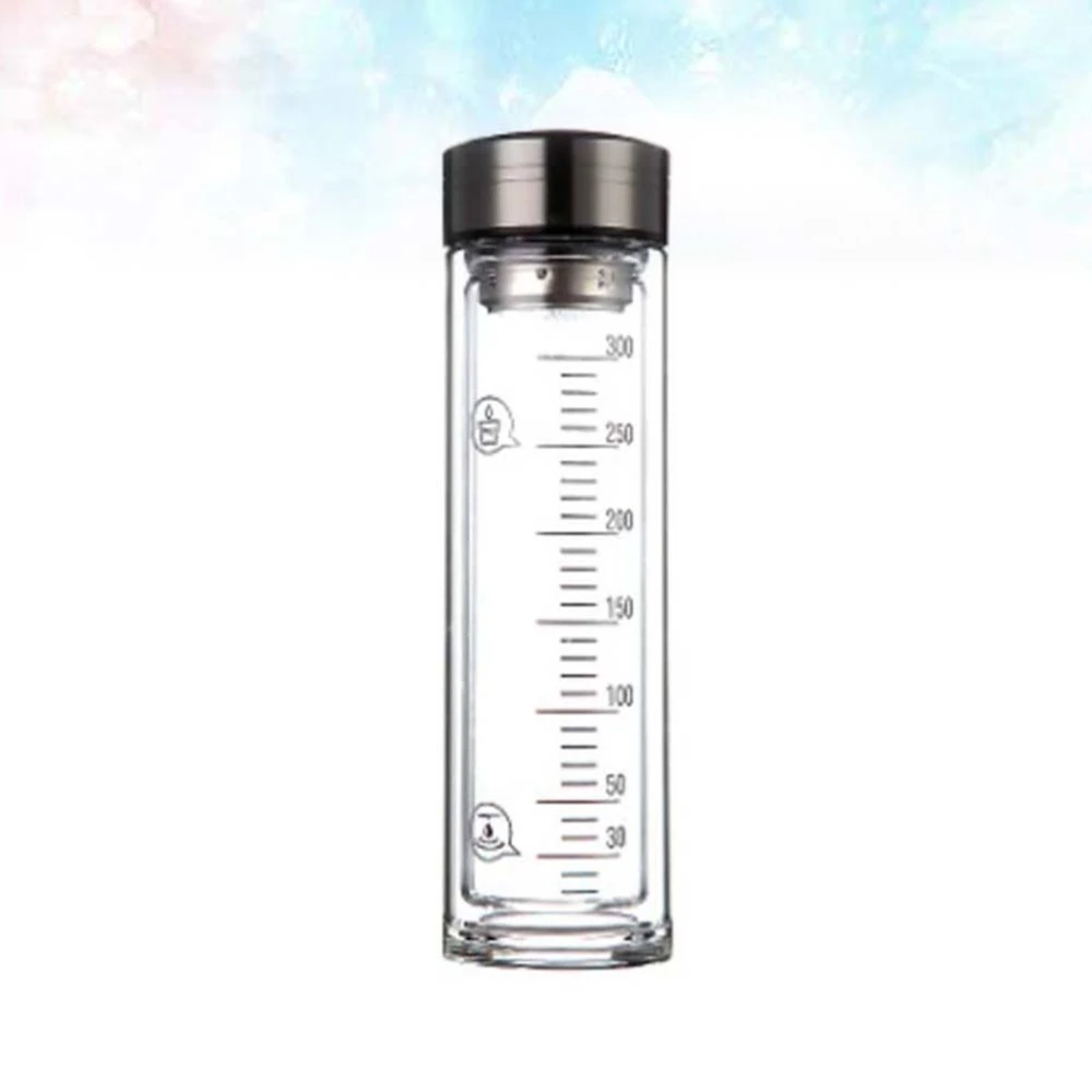 1pc Household Portable Heat Resistant Water Glass Cup with Scale Double Layer Glass Drinking Cup (Silver 350ml)