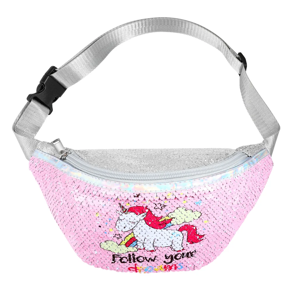 VALICLUD Glitter Sequins Waist Pack Unicorn Sling Crossbody Bag Chest Bag for Kids Little Girls (Pink)