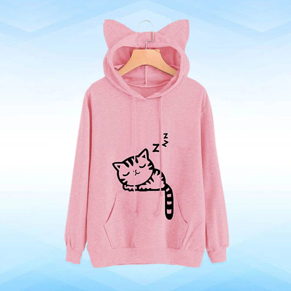 Adorable Cat Printed Hoodie Fashionable Loose Pullover Long Sleeve Sweater for Woman Lady (Pink Size S)