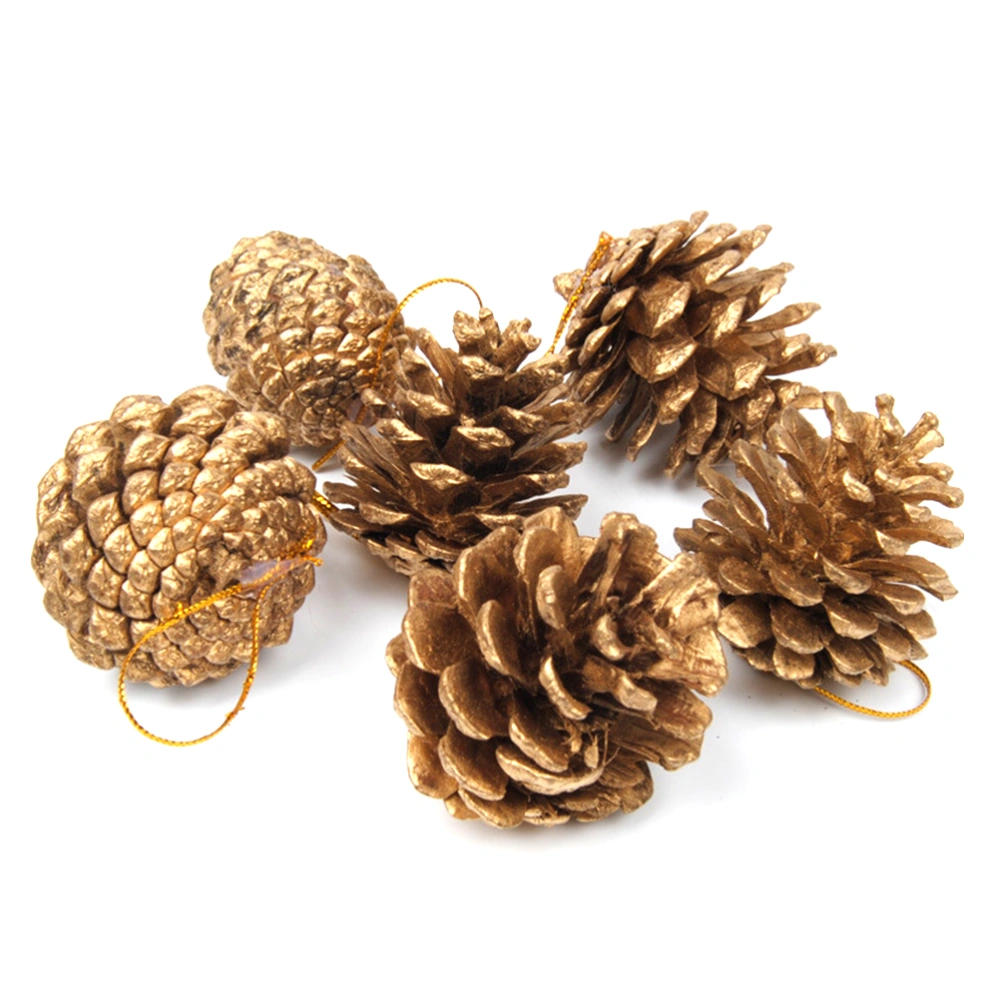 6pcs 5cm Christmas Pine Cones with String Pinecone Pendant Xmas Tree Decoration Crafts Home Ornament (Gold)