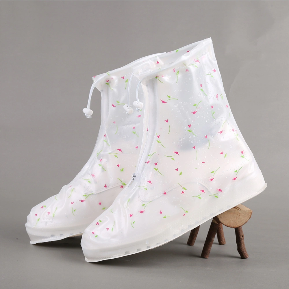 Women PVC Low Cut Shoes Covers Women Thicken Wear Resistant Boots Protectors White Waterproof Flowers Overshoes for Camping Fishing Cycling Size M