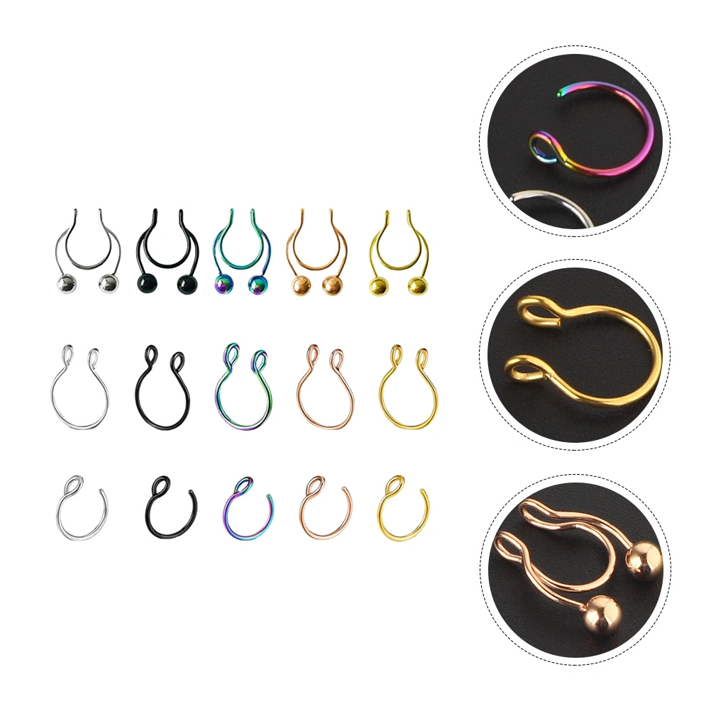 15PCS Fake Nose Rings Decor Set Stainless Steel Piercing Nasal Clip Jewelries