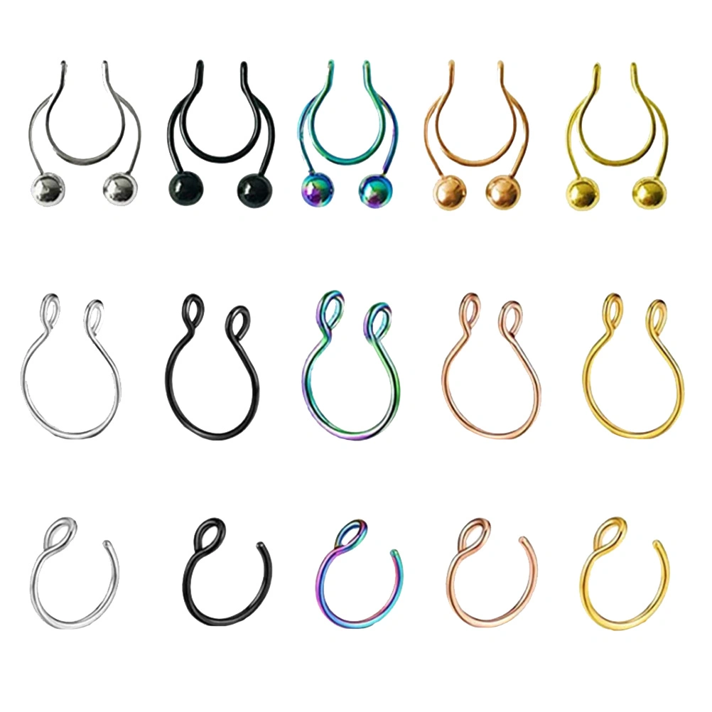15PCS Fake Nose Rings Decor Set Stainless Steel Piercing Nasal Clip Jewelries