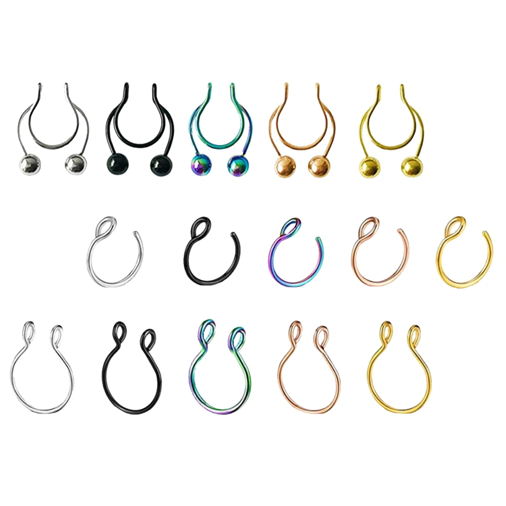 15PCS Fake Nose Rings Decor Set Stainless Steel Piercing Nasal Clip Jewelries