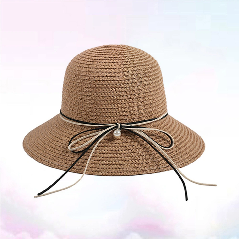 Adults Straw Hat Lace Decoration Sun Protection Hat Wide Brimmed Visor Summer Woven for Outdoor Beach (Khaki)