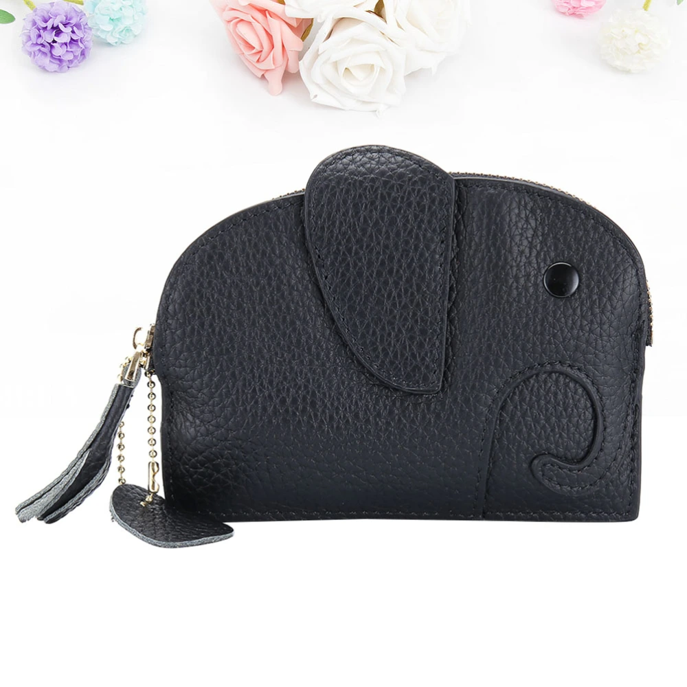 1Pc Genuine Leather Coin Purse Elephant Shaped Mini Wallet Portable Zipper Change Purse for Women Ladies (Black)