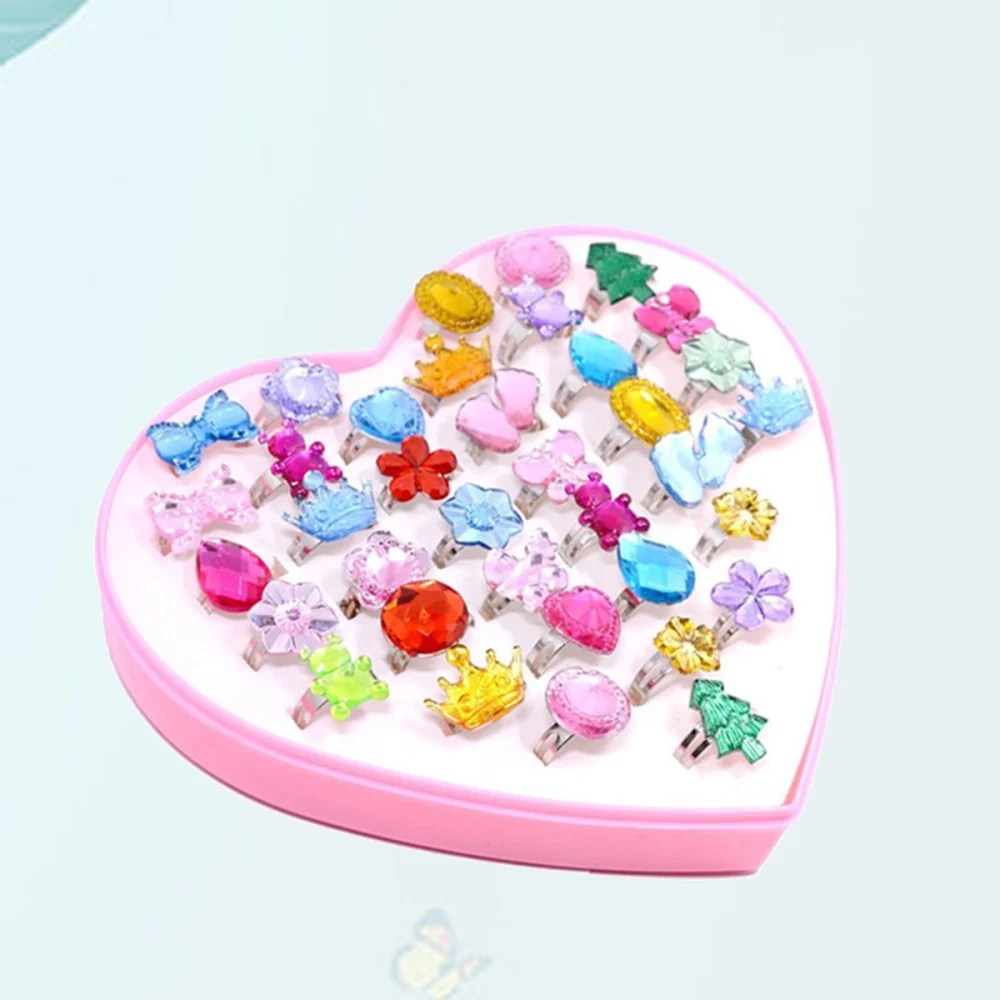 36 Pcs Colorful Imitation Crystal Rings with Heart Shape Display Case for Kids Birthday Party Favors (Random Pattern)