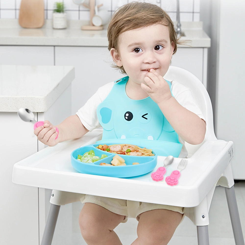 1 Set of Steel Spoon Fork Silicone Toddler Feeding Spoon for Kids Dinning