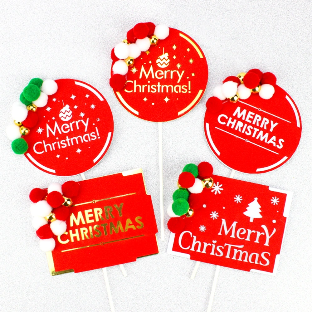 6PCS Pompon Bell Cake Toppers Square Merry Christmas Cupcake Picks for Festival Party Decoration (Random Pattern)