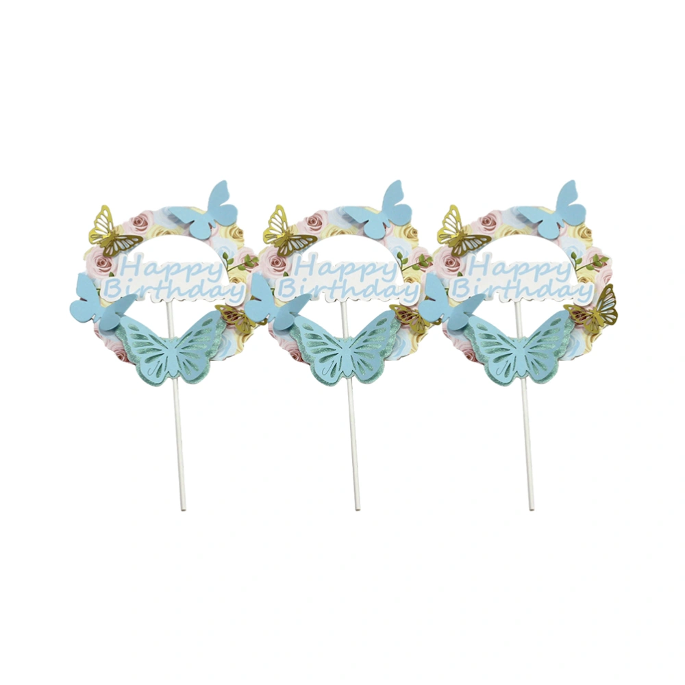 3PCS Birthday Cake Picks Three-dimensional Cake Toppers LOVE Printed Cake Plug Creative Happy Birthday Cake Decor for Birthday Wedding Party Decor Blue