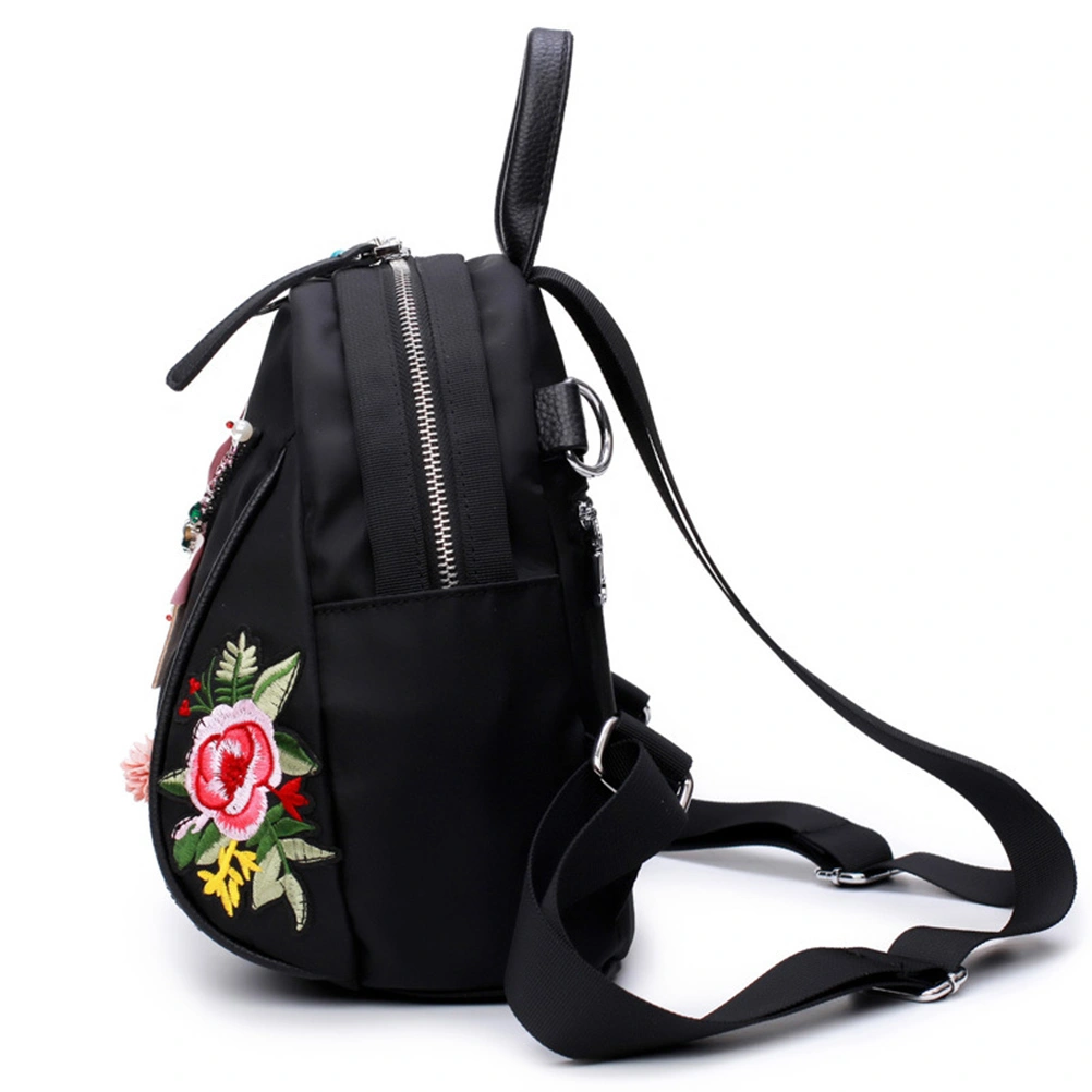 Women Multi Backpack Shoulder Crossbody Purse Ethnic Dragonfly Embroidery Bag (Black)