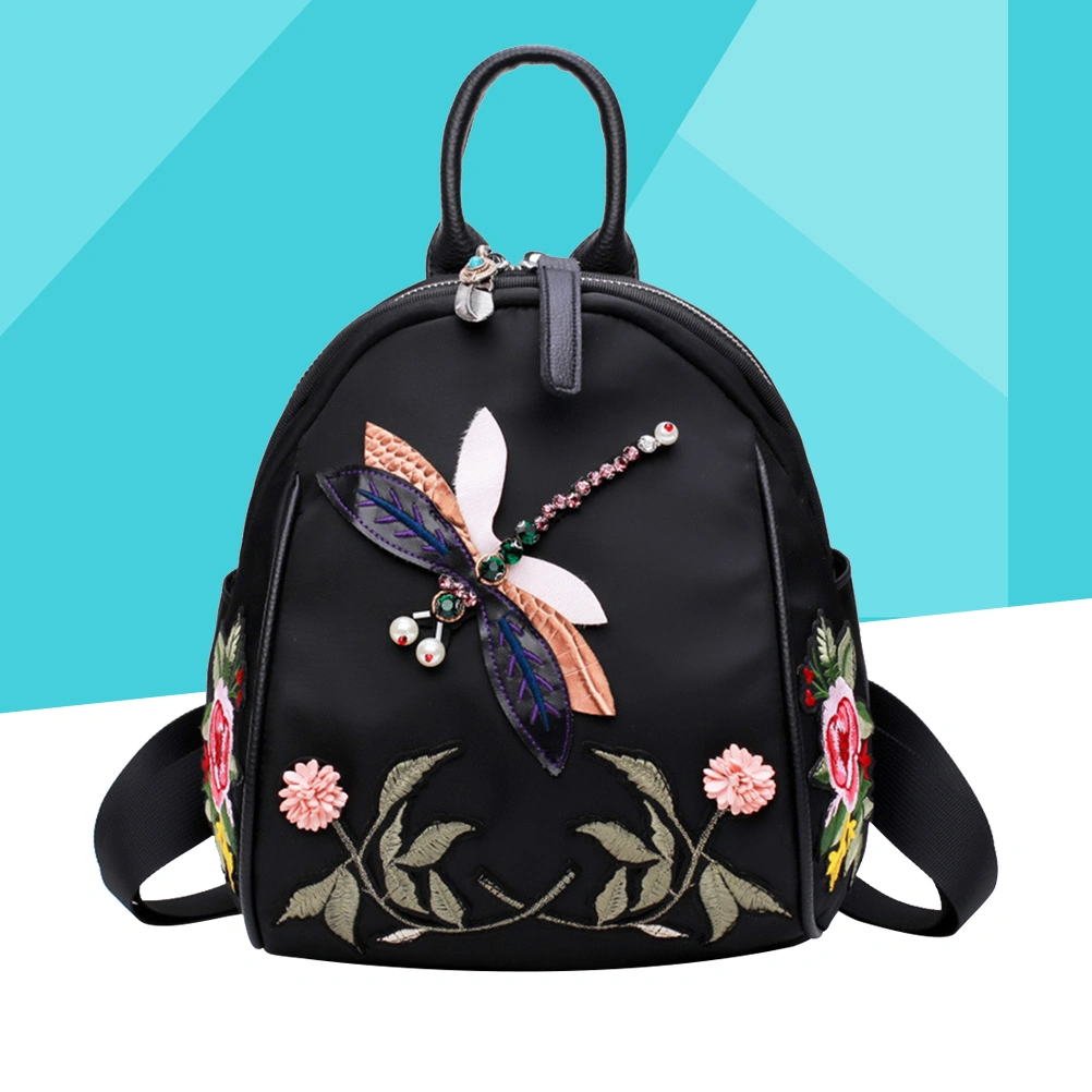 Women Multi Backpack Shoulder Crossbody Purse Ethnic Dragonfly Embroidery Bag (Black)