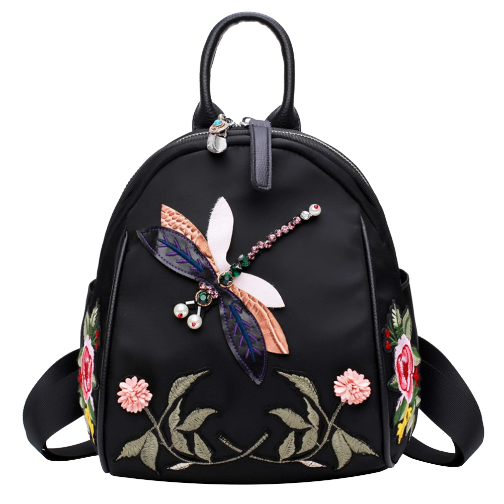 Women Multi Backpack Shoulder Crossbody Purse Ethnic Dragonfly Embroidery Bag (Black)