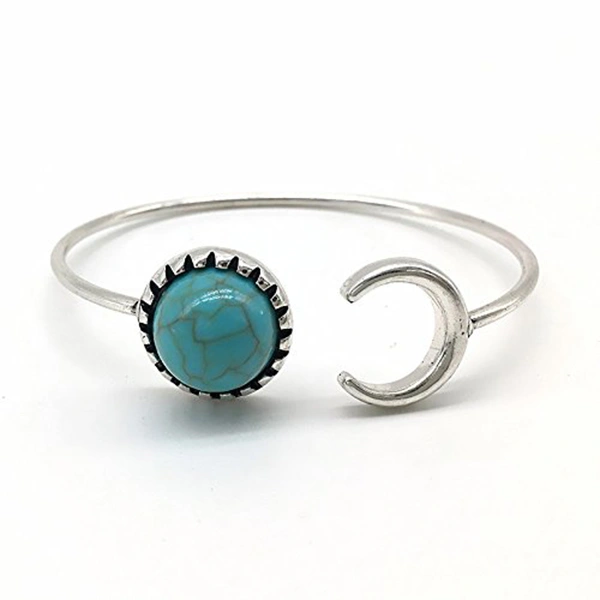 Ladies Bracelet Turquoise Moon Bead Silver Open Cuff Bangle Bracelet