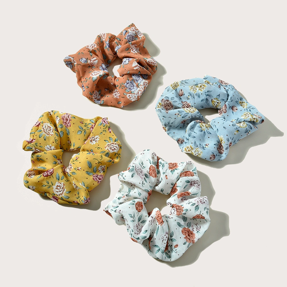 4pcs/1 Set Floral Printing Hair Rings Hair Rope Stretchy Girl Hair Ties Ponytail Holders for Women Lady (Random Color)