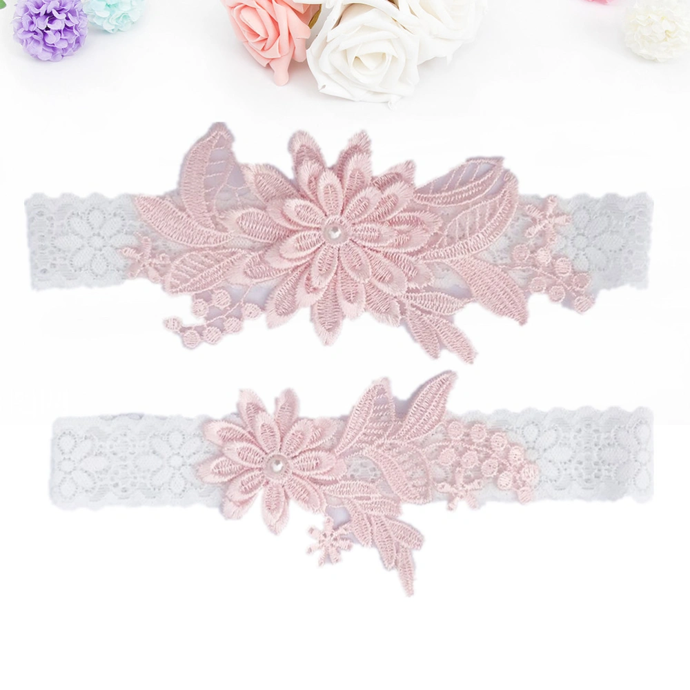 2pcs Lace Floral Suspenders Belt Stretch Pearl Inlaid Bridal Garter Belts Wedding Supplies (Pale Pink)