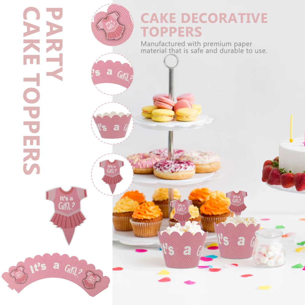 24pcs Gender Reveal Party Cake Toppers Dessert Picks and 24pcs Cupcake Wrappers