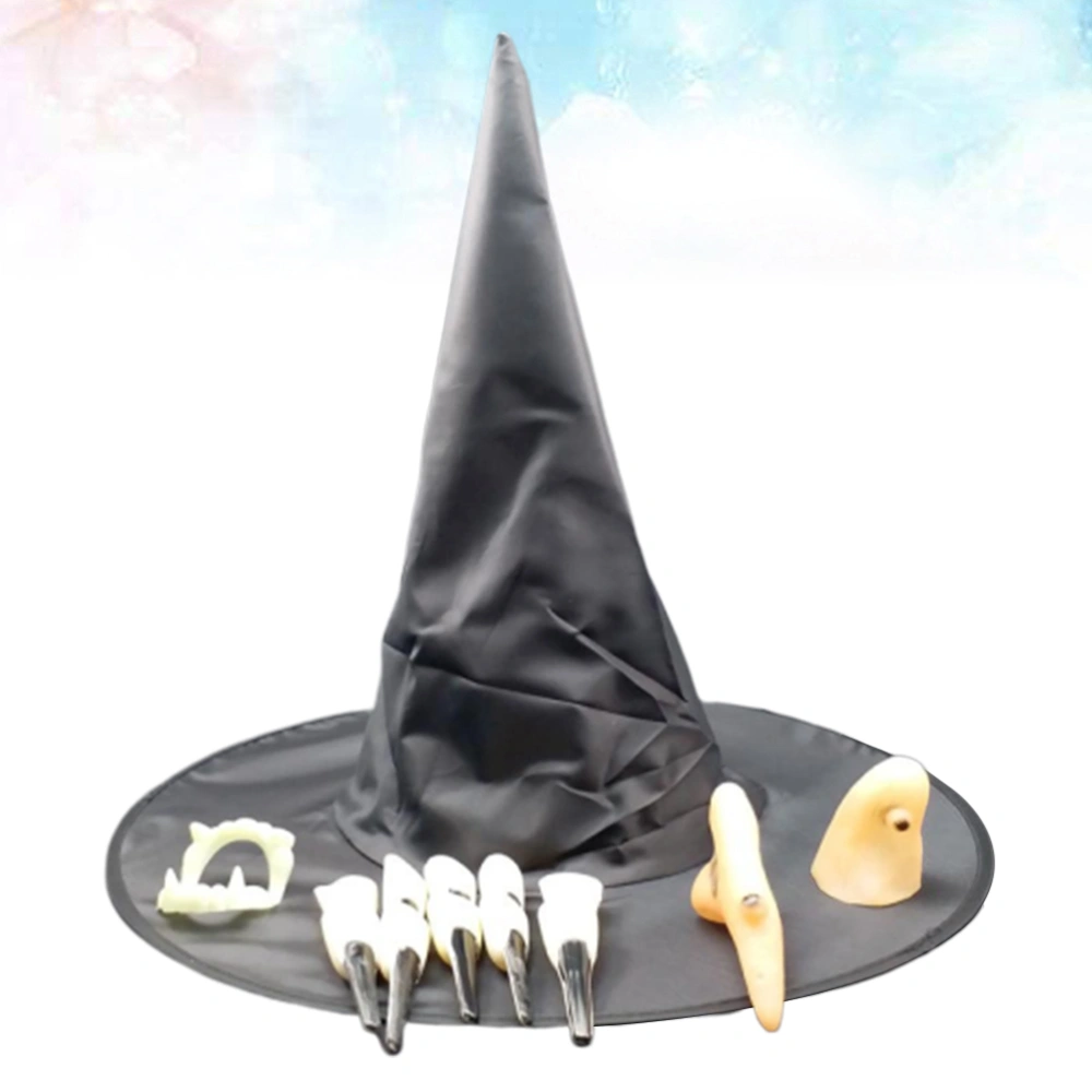 5pcs Halloween Witch Cosplay Props Set Hat False Tooth Nail Nose Jaw Makeup Props for Festival Show Club (Random Nail Color)