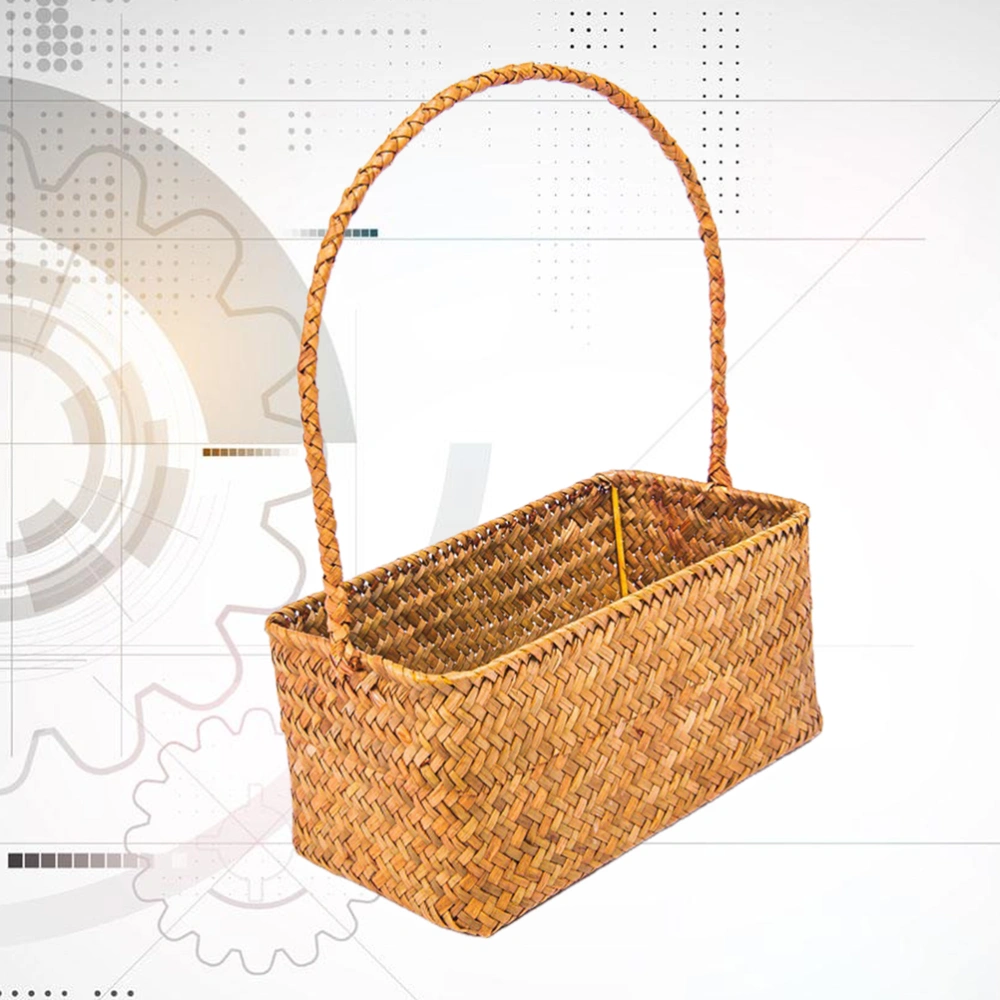 1 Pc Handmade Basket Flower Pot Basket Woven Basket Wicker Basket for Plant Flower (with 32.5cm High Handle 25x15x12.5cm Orange)