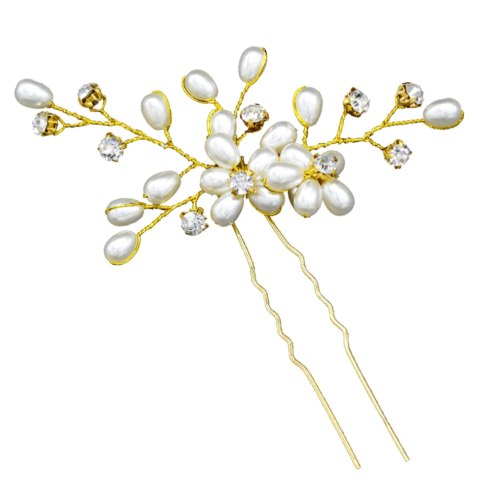 Crystal Elegant Hairpin Shiny Fashionable Rhinetone Floral Hair Pearl Hair Accessories for Bride Women Girls(Golden)