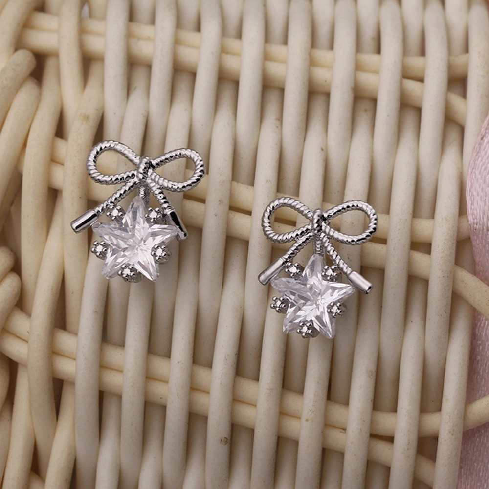 1 Pair Women Zircon Earrings Elegant Bow and Star Shape Hanging Ear Rings Jewelry Decor Gift for Girl Lady (Silver)