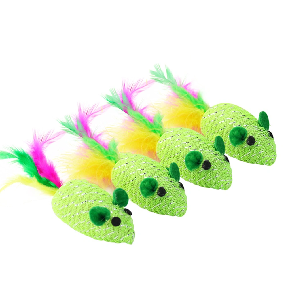 5pcs Woven Mouse Toy Funny Feather Mouse Cat Playing Props Cat Teaser Interactive Toy (Green)