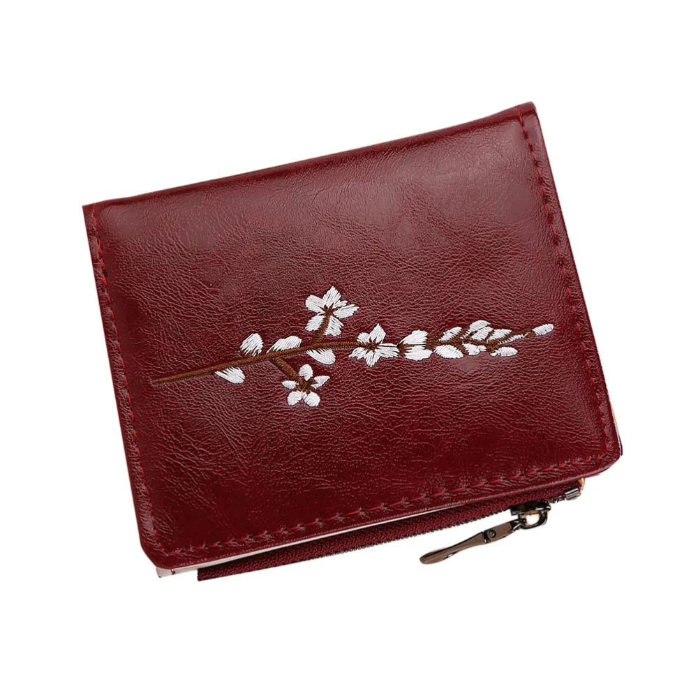 PU Women's Mini Wallet Multifunctional Plum Flower Pattern Wallet Zipper Small Wallet Coin Purse Claret