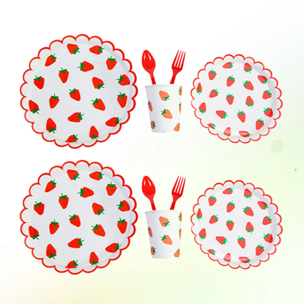 80pcs Strawberry Printing Tableware Birthday Paper Cups Disposable Paper Plates Party Fork Spoon