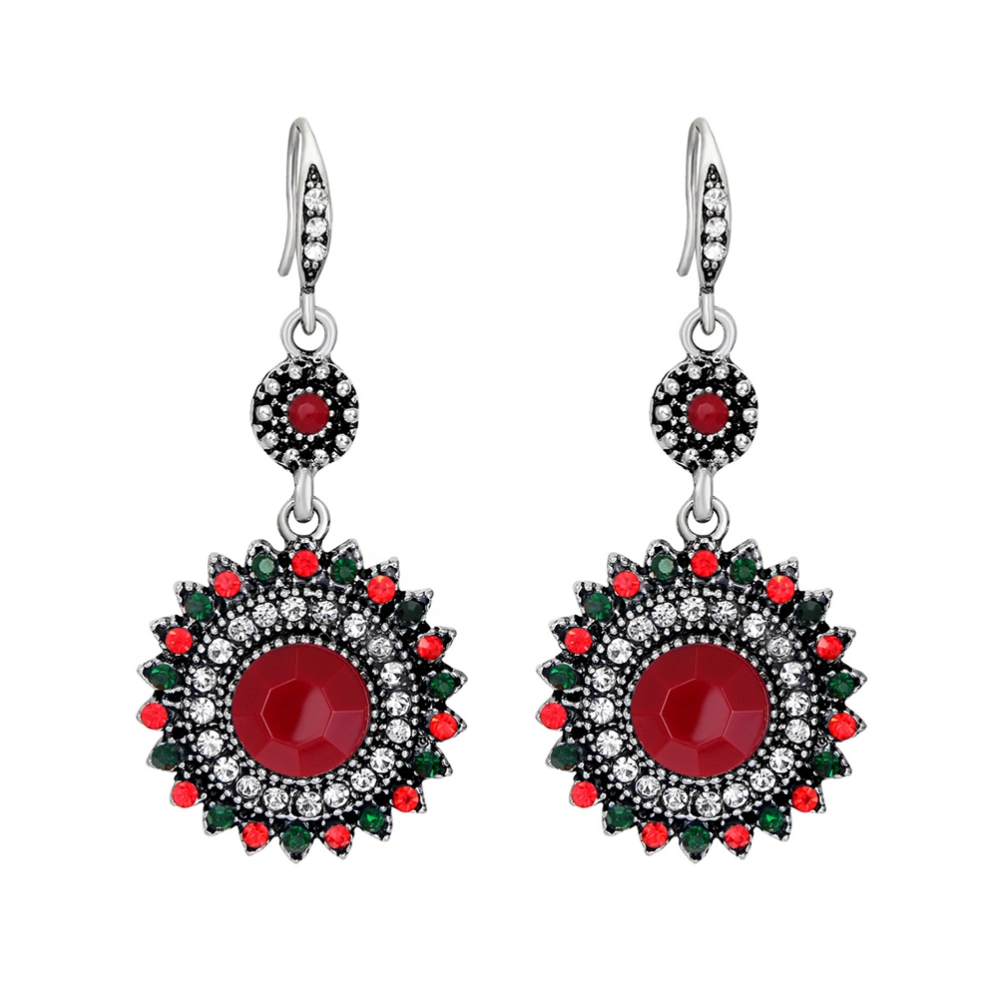 1 Pair Bohemian Ear Hooks Ethnic Style Earrings Flower Design Eardrops Long Danglers Ear Jewelry Silver and Dark Red