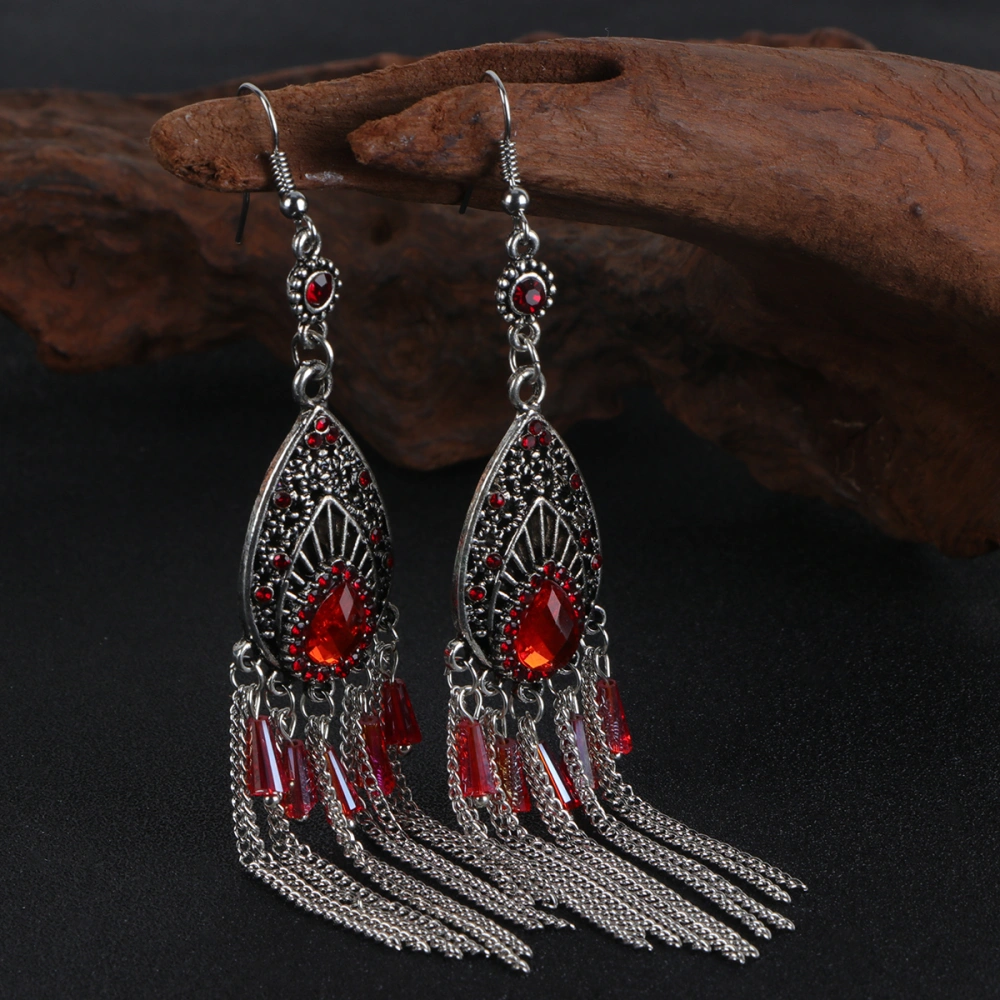 1 Pair of Creative Water Drop Shaped Tassel Earrings Vintage Long Style Alloy Eardrops Elegant Charming Ear Jewelry for Women Ladies (Red)