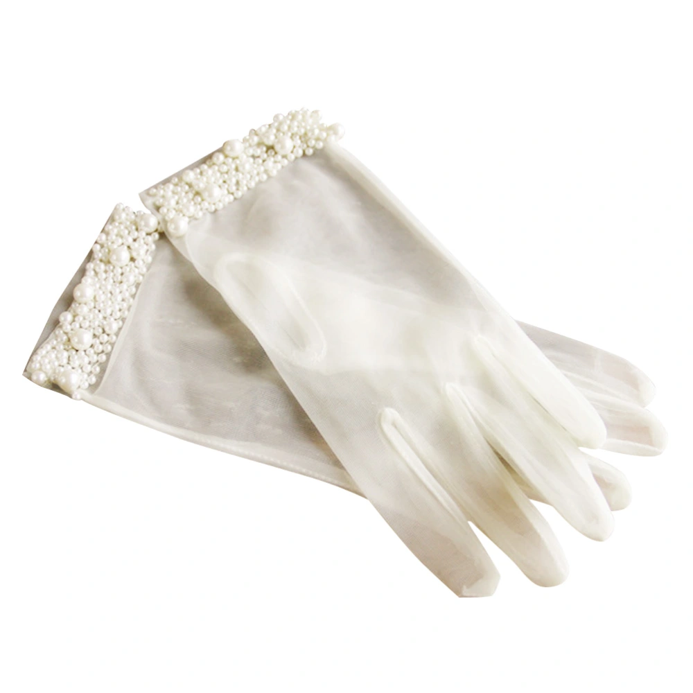 1 Pair Elegant Bride Gloves Transparent Gauze Hand Mitts Pearls Lace Mittens for Wedding Evening Party Bride Banquet Dancing Opera (Beige)