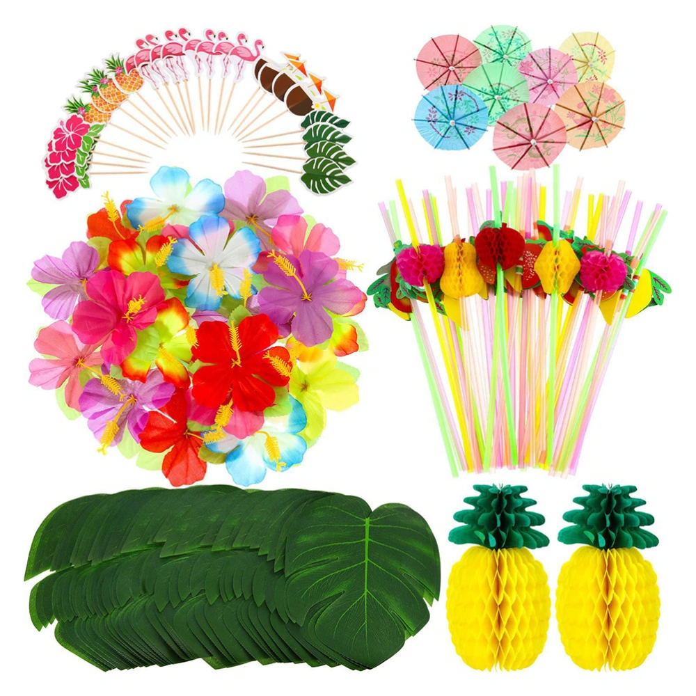 136pcs in 1 Set Hawaiian Party Pineapple Honeycomb Balls Straw Set Cake Topper Simulation Monstera for Luau Party Decoration (30pcs Assorted Color Umbrella Toppers, 24pcs 8 Inches Monstera Leaves, 24pcs Hibiscus Flower, 24pcs Cake Topper, 4pcs Pineapple Honeycomb Balls, 30pcs Assorted Straw)