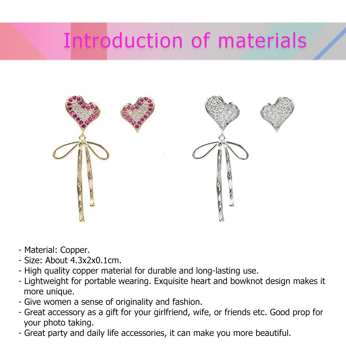 1 Pair Fashion Girls Eardrop Heart Bowknot Earring Woman Jewelry Asymmetrical Ear Decor (Silver)