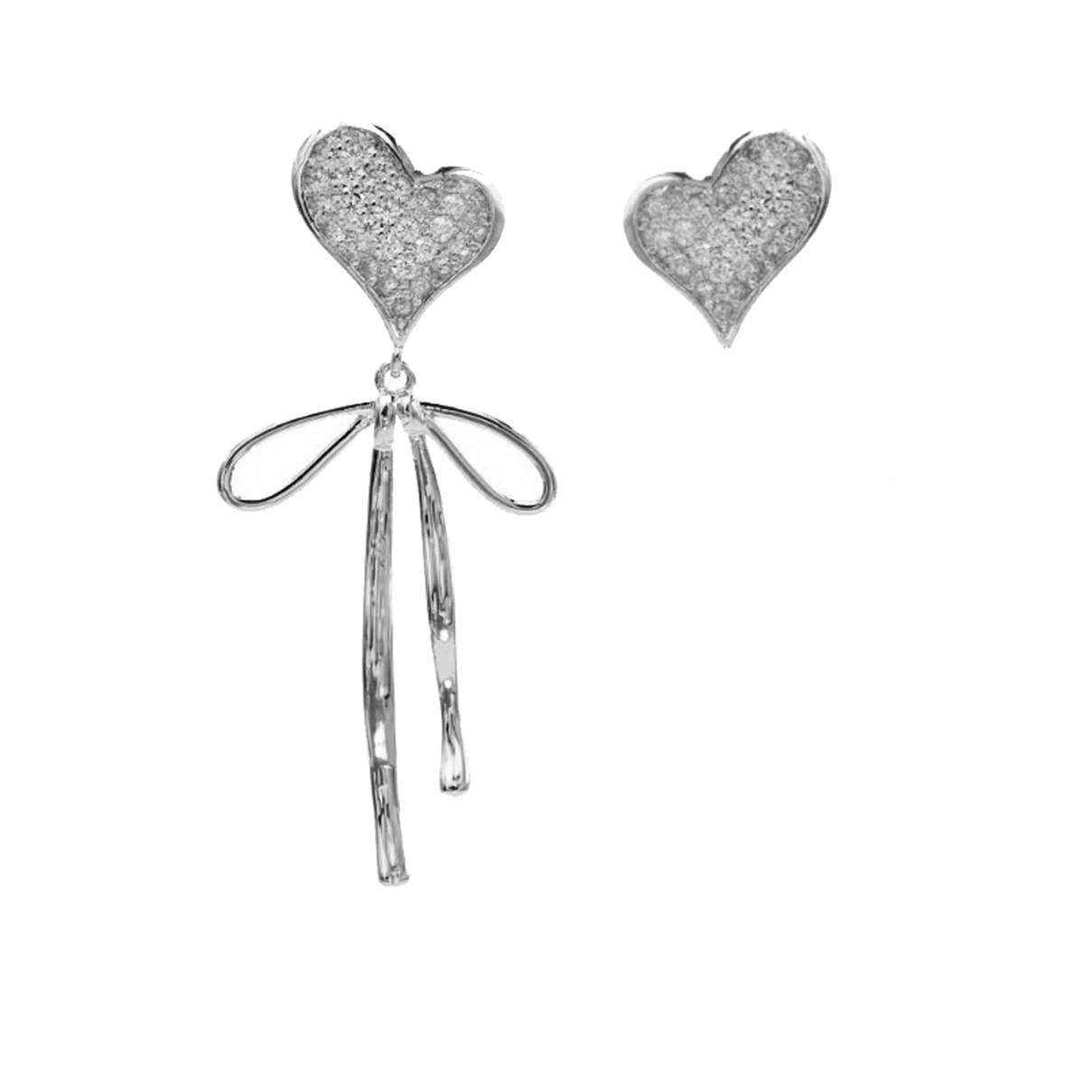1 Pair Fashion Girls Eardrop Heart Bowknot Earring Woman Jewelry Asymmetrical Ear Decor (Silver)