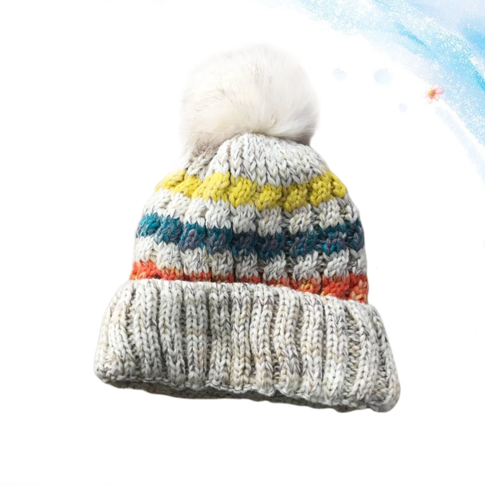 Beige Lady Knitted Hat Woman Wool Warm Knit Hairball Beanie for Autumn Winter