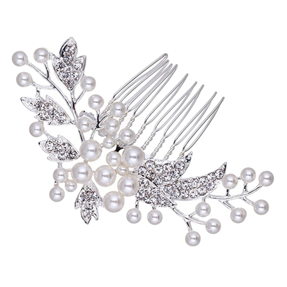 Wedding Rhinestone Alloy Leaf Hair Comb Bridal Pearl Beaded Comb Jewelry for Decoration Party (Silver)