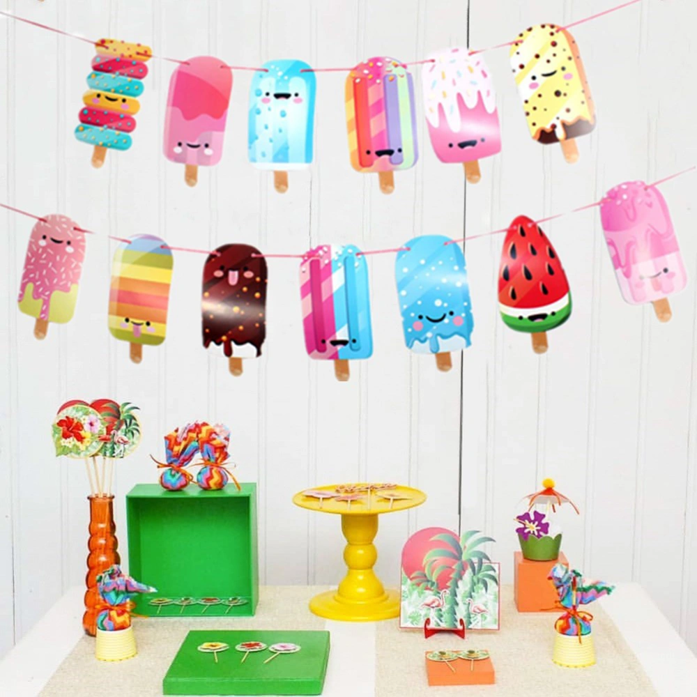 Creative Ice Cream Pull Flower Bunting Banner Decoration Hanging Pull Flag Pennant for Party Festival