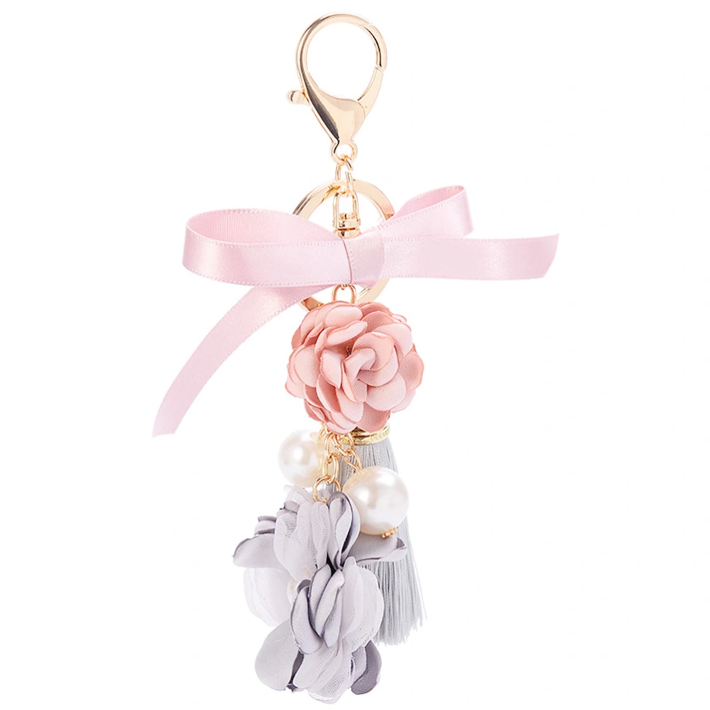 Fashion Rose Flowers Keychain Key Chain Pearl Bow Chain Tassel Key Ring Bag Pendant Handbag Jewelry Gifts (Pink)